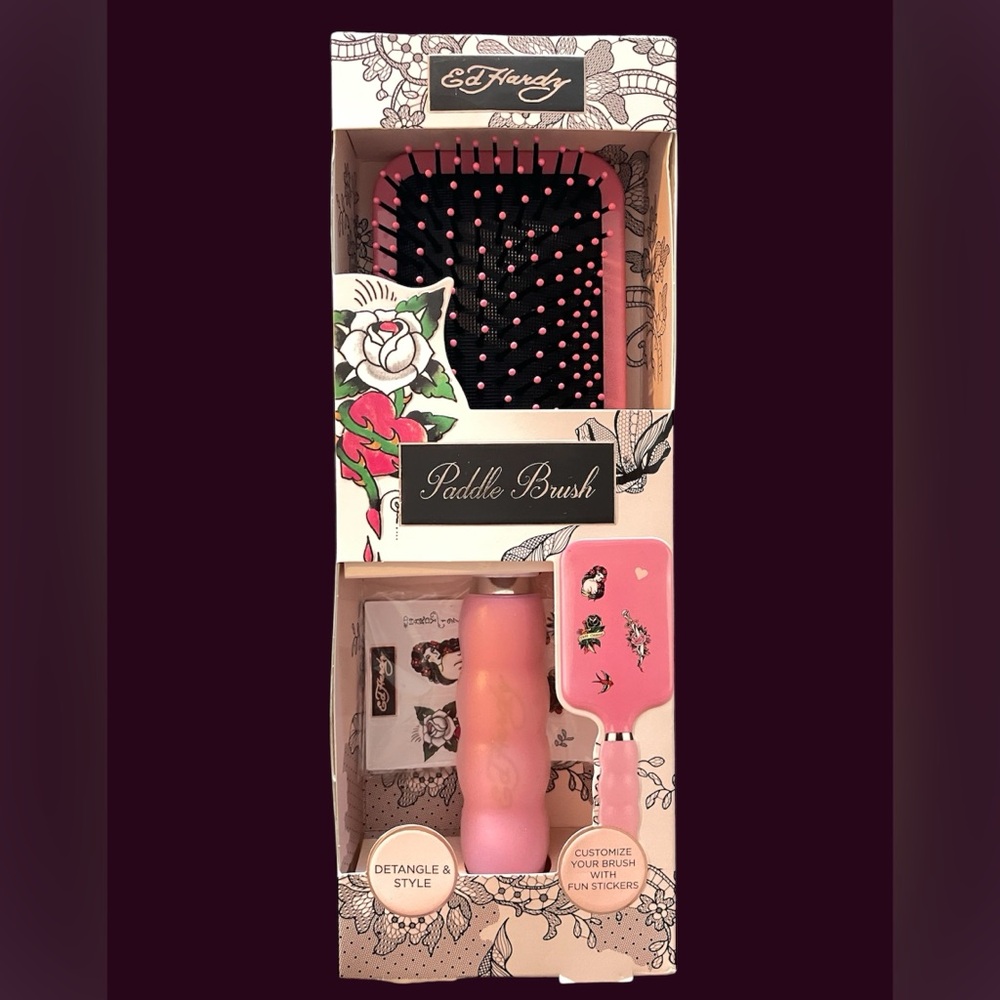 Ed Hardy Detangler Paddle Brush with a Set of Stickers- NEW